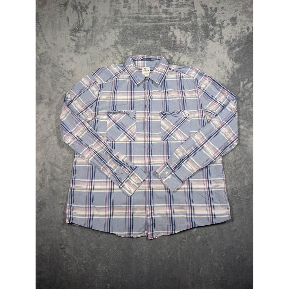 Lacoste Shirt Mens 44 Blue Plaid Long Sleeve Button Front Slim Fit Casual